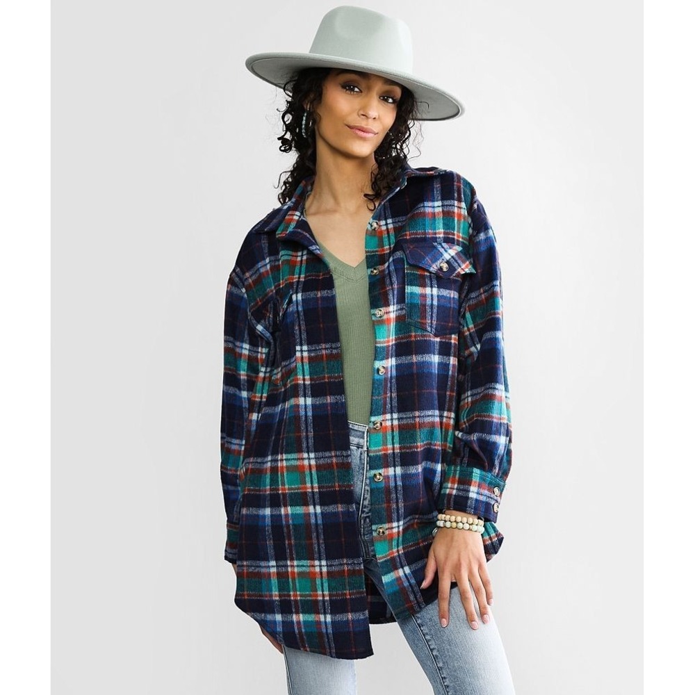 BKE Blue Multicolor Plaid Boyfriend Brushed Knit Flannel Shirt Shacket Size S